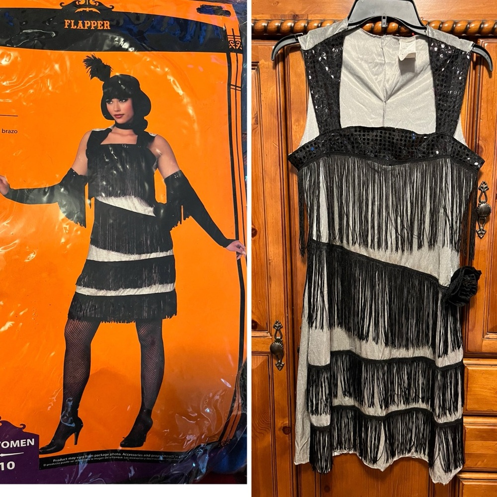 🌺Flapper Black Fringe Adult Costume Dress, Head Piece,arm Guantlets,choker Sz M